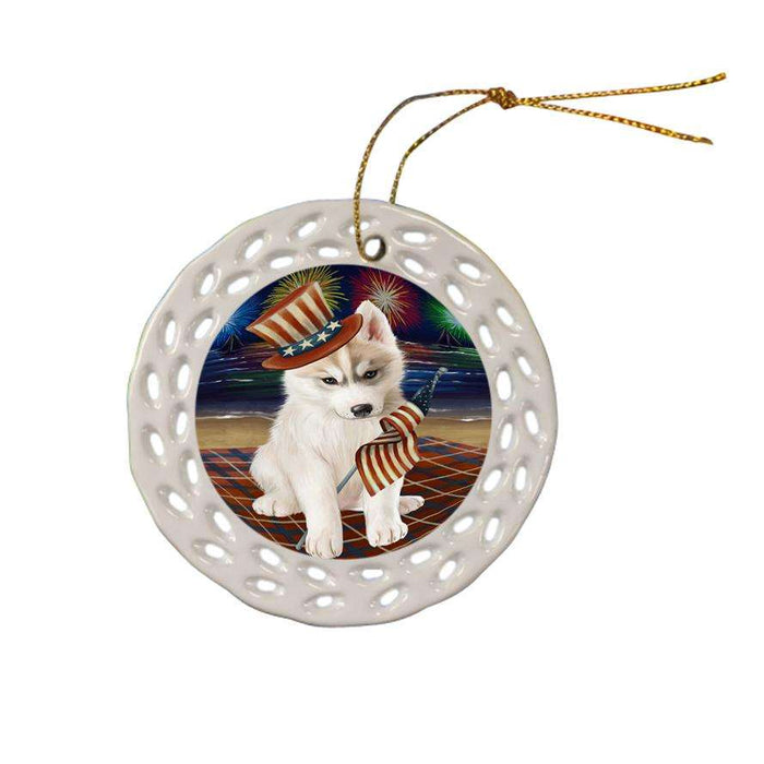 4th of July Independence Day Firework Siberian Husky Dog Ceramic Doily Ornament DPOR49021