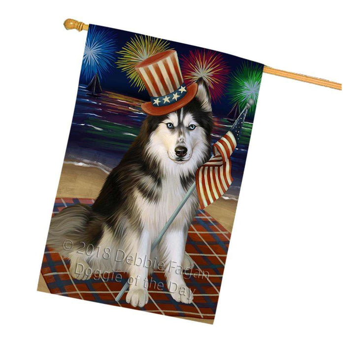 4th of July Independence Day Firework Siberian Husky Dog House Flag FLG48983