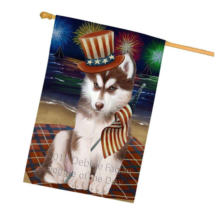 4th of July Independence Day Firework Siberian Husky Dog House Flag FLG48987