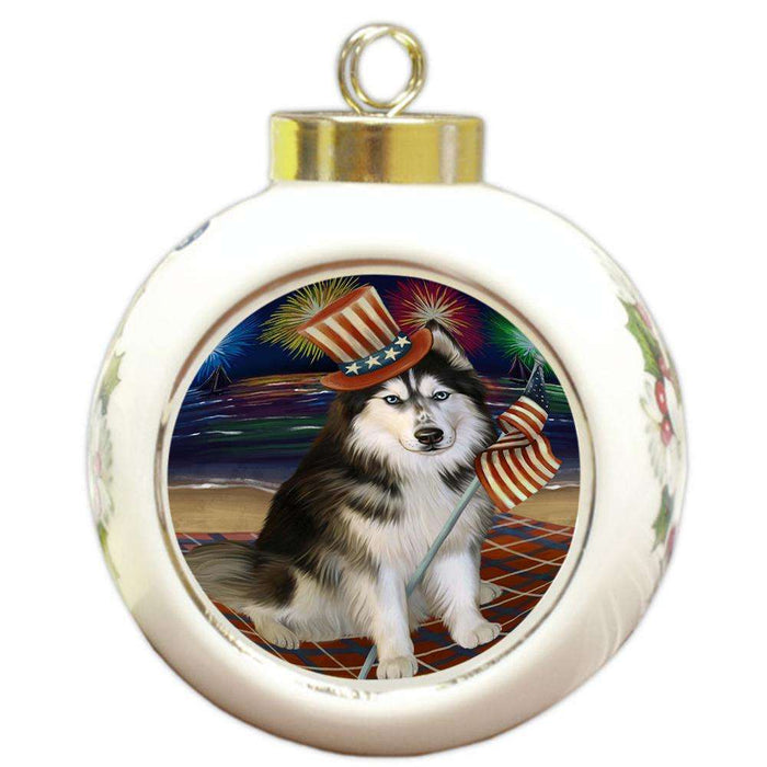 4th of July Independence Day Firework Siberian Husky Dog Round Ball Christmas Ornament RBPOR49018