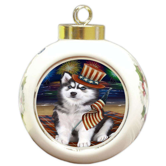 4th of July Independence Day Firework Siberian Husky Dog Round Ball Christmas Ornament RBPOR49020