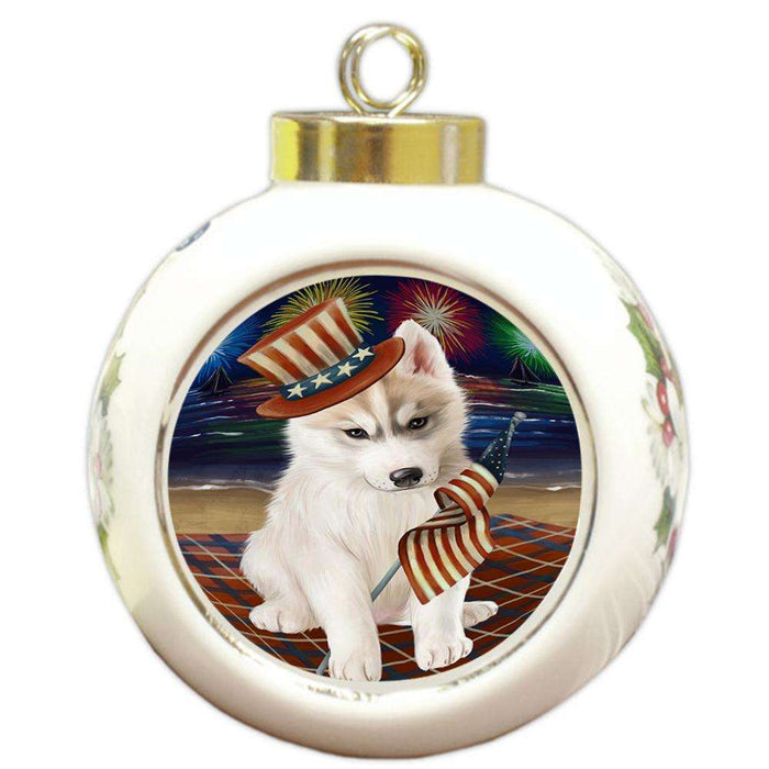4th of July Independence Day Firework Siberian Husky Dog Round Ball Christmas Ornament RBPOR49021