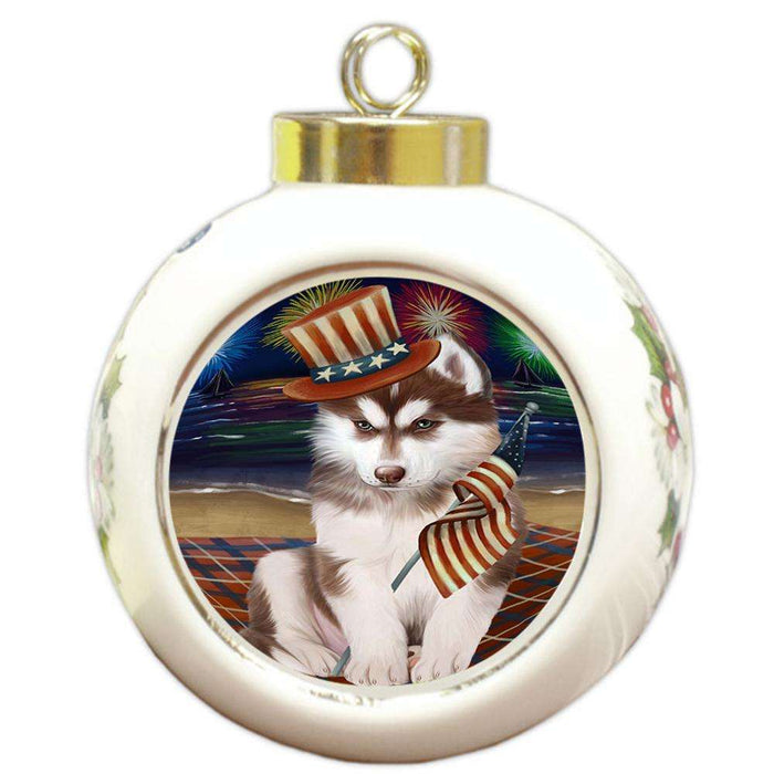4th of July Independence Day Firework Siberian Husky Dog Round Ball Christmas Ornament RBPOR49022