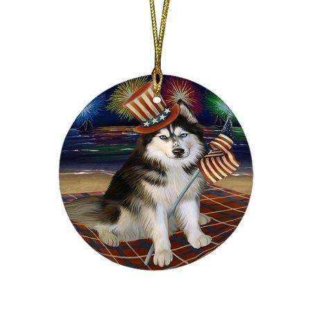 4th of July Independence Day Firework Siberian Husky Dog Round Christmas Ornament RFPOR49009
