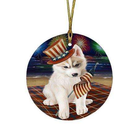 4th of July Independence Day Firework Siberian Husky Dog Round Christmas Ornament RFPOR49012