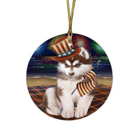 4th of July Independence Day Firework Siberian Husky Dog Round Christmas Ornament RFPOR49013