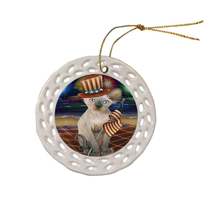 4th of July Independence Day Firework Sphynx Cat Ceramic Doily Ornament DPOR52069