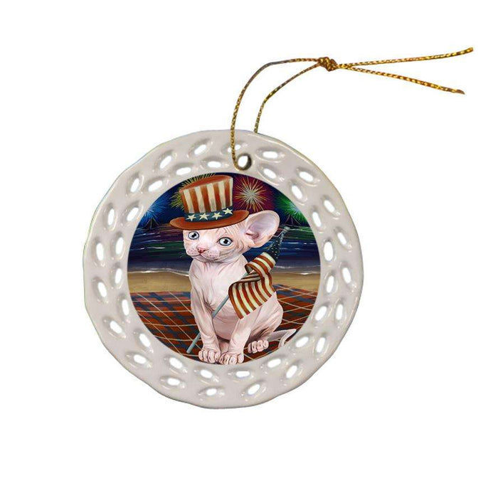 4th of July Independence Day Firework Sphynx Cat Ceramic Doily Ornament DPOR52072