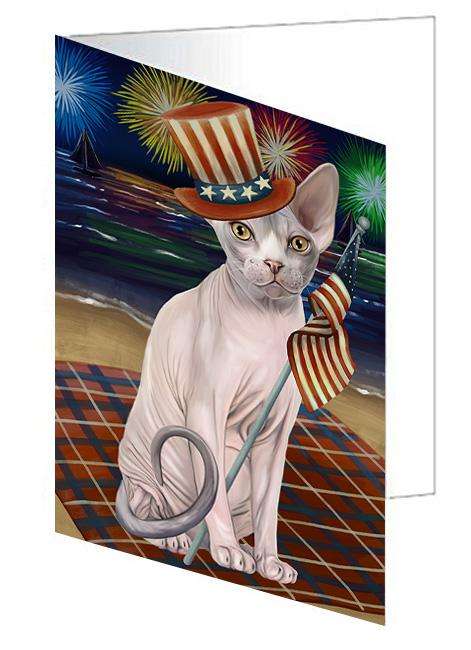 4th of July Independence Day Firework Sphynx Cat Handmade Artwork Assorted Pets Greeting Cards and Note Cards with Envelopes for All Occasions and Holiday Seasons GCD61400