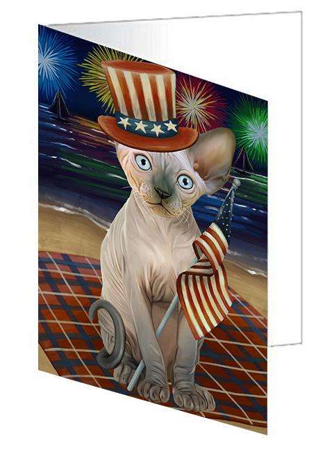 4th of July Independence Day Firework Sphynx Cat Handmade Artwork Assorted Pets Greeting Cards and Note Cards with Envelopes for All Occasions and Holiday Seasons GCD61406