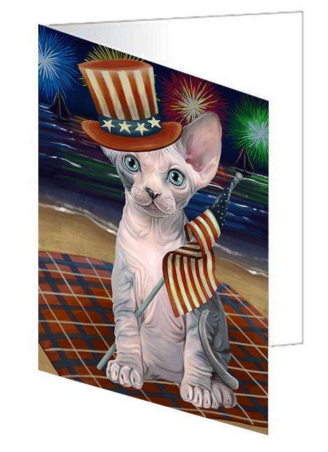 4th of July Independence Day Firework Sphynx Cat Handmade Artwork Assorted Pets Greeting Cards and Note Cards with Envelopes for All Occasions and Holiday Seasons GCD61412