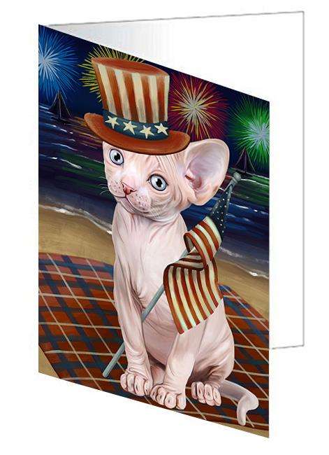 4th of July Independence Day Firework Sphynx Cat Handmade Artwork Assorted Pets Greeting Cards and Note Cards with Envelopes for All Occasions and Holiday Seasons GCD61415