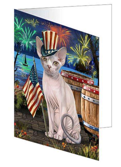 4th of July Independence Day Firework Sphynx Cat Handmade Artwork Assorted Pets Greeting Cards and Note Cards with Envelopes for All Occasions and Holiday Seasons GCD66272