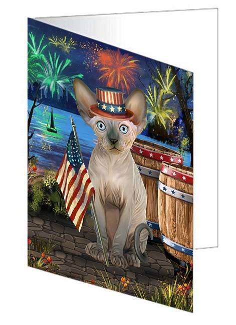 4th of July Independence Day Firework Sphynx Cat Handmade Artwork Assorted Pets Greeting Cards and Note Cards with Envelopes for All Occasions and Holiday Seasons GCD66275