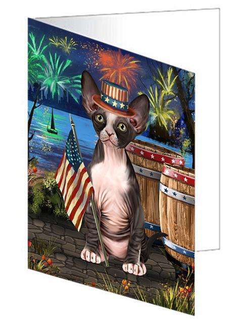 4th of July Independence Day Firework Sphynx Cat Handmade Artwork Assorted Pets Greeting Cards and Note Cards with Envelopes for All Occasions and Holiday Seasons GCD66278