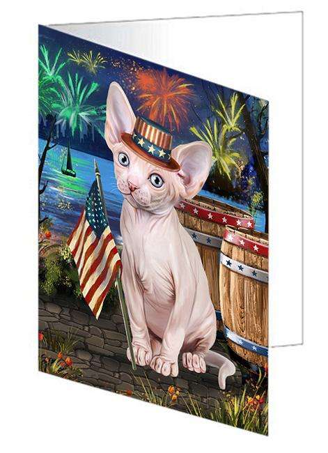 4th of July Independence Day Firework Sphynx Cat Handmade Artwork Assorted Pets Greeting Cards and Note Cards with Envelopes for All Occasions and Holiday Seasons GCD66281