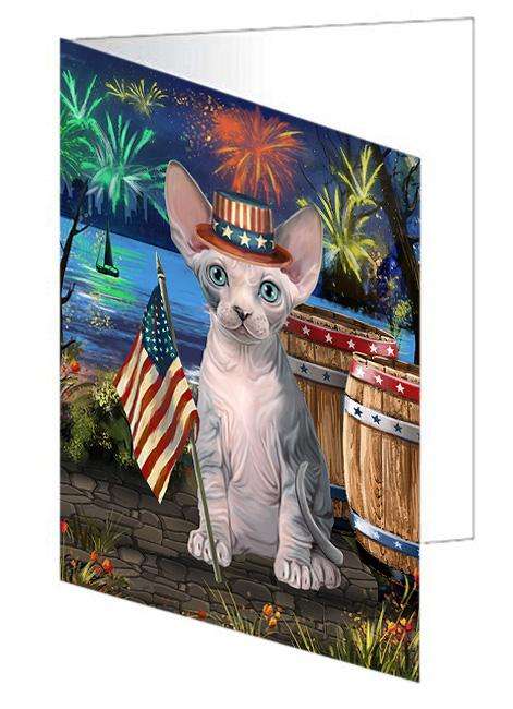 4th of July Independence Day Firework Sphynx Cat Handmade Artwork Assorted Pets Greeting Cards and Note Cards with Envelopes for All Occasions and Holiday Seasons GCD66284