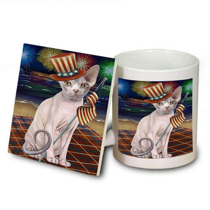 4th of July Independence Day Firework Sphynx Cat Mug and Coaster Set MUC52059