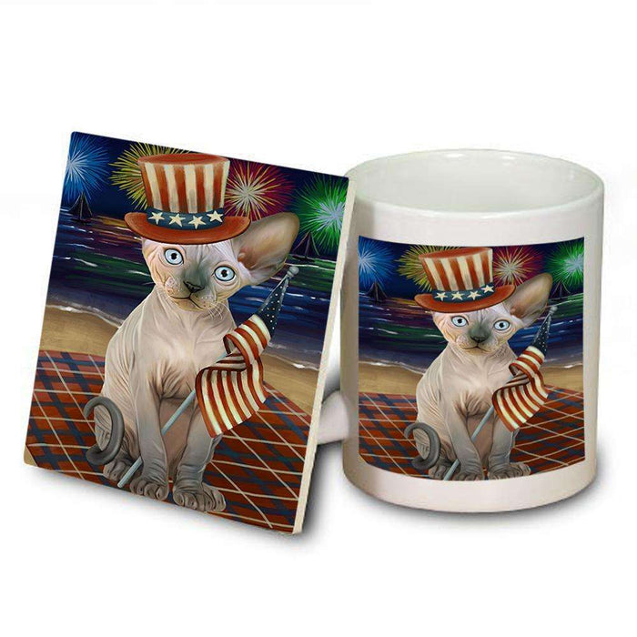 4th of July Independence Day Firework Sphynx Cat Mug and Coaster Set MUC52061
