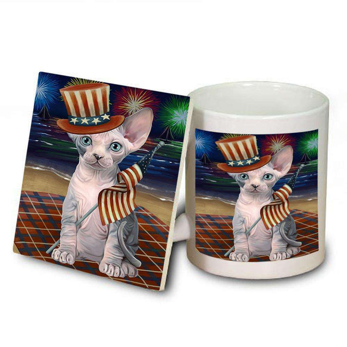 4th of July Independence Day Firework Sphynx Cat Mug and Coaster Set MUC52063
