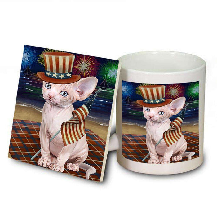 4th of July Independence Day Firework Sphynx Cat Mug and Coaster Set MUC52064