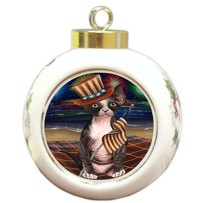 4th of July Independence Day Firework Sphynx Cat Round Ball Christmas Ornament RBPOR52070
