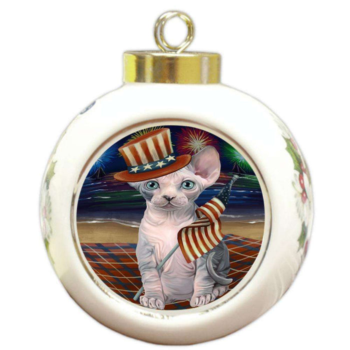 4th of July Independence Day Firework Sphynx Cat Round Ball Christmas Ornament RBPOR52071