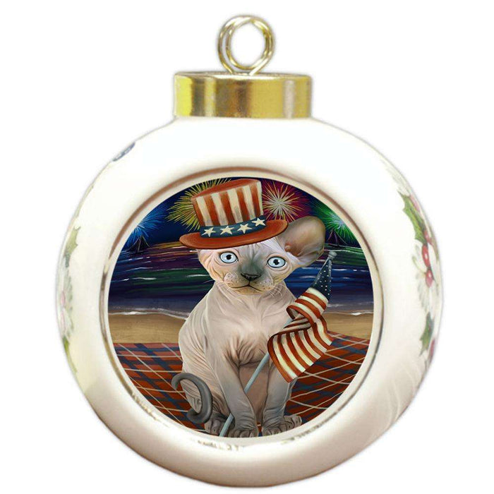 4th of July Independence Day Firework Sphynx Cat Round Ball Christmas Ornament RBPOR52459
