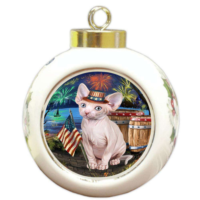 4th of July Independence Day Firework Sphynx Cat Round Ball Christmas Ornament RBPOR54084
