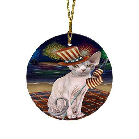 4th of July Independence Day Firework Sphynx Cat Round Flat Christmas Ornament RFPOR52058