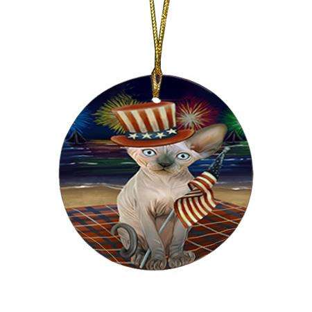 4th of July Independence Day Firework Sphynx Cat Round Flat Christmas Ornament RFPOR52060