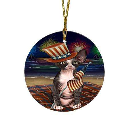 4th of July Independence Day Firework Sphynx Cat Round Flat Christmas Ornament RFPOR52061