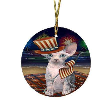 4th of July Independence Day Firework Sphynx Cat Round Flat Christmas Ornament RFPOR52062