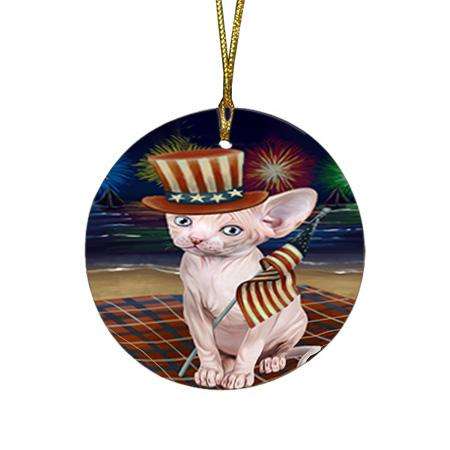 4th of July Independence Day Firework Sphynx Cat Round Flat Christmas Ornament RFPOR52063