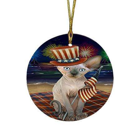 4th of July Independence Day Firework Sphynx Cat Round Flat Christmas Ornament RFPOR52450