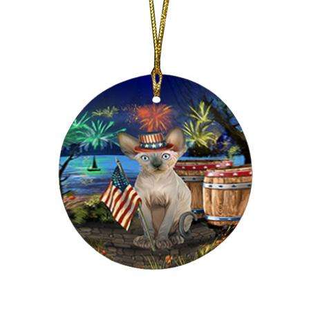 4th of July Independence Day Firework Sphynx Cat Round Flat Christmas Ornament RFPOR54073