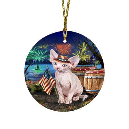 4th of July Independence Day Firework Sphynx Cat Round Flat Christmas Ornament RFPOR54075