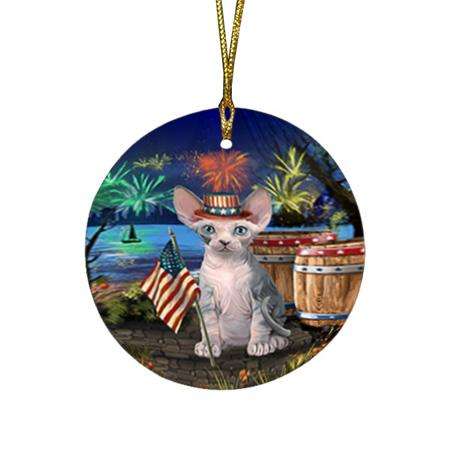 4th of July Independence Day Firework Sphynx Cat Round Flat Christmas Ornament RFPOR54076