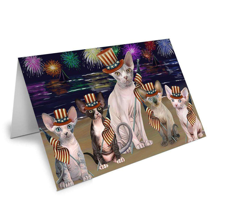 4th of July Independence Day Firework Sphynx Cats Handmade Artwork Assorted Pets Greeting Cards and Note Cards with Envelopes for All Occasions and Holiday Seasons GCD61403