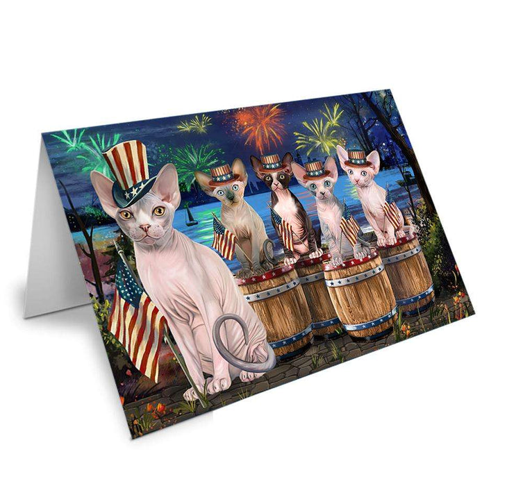 4th of July Independence Day Firework Sphynx Cats Handmade Artwork Assorted Pets Greeting Cards and Note Cards with Envelopes for All Occasions and Holiday Seasons GCD66380