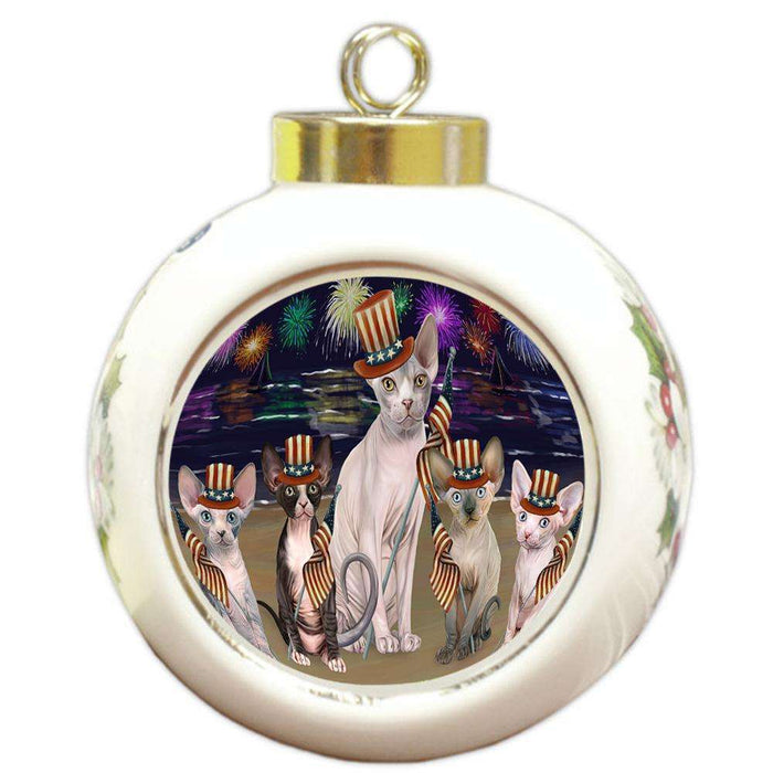 4th of July Independence Day Firework Sphynx Cats Round Ball Christmas Ornament RBPOR52068