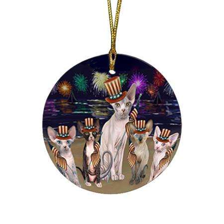4th of July Independence Day Firework Sphynx Cats Round Flat Christmas Ornament RFPOR52059