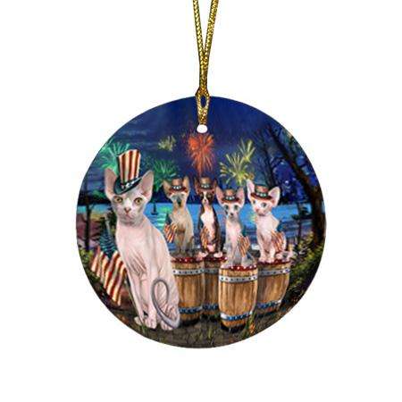 4th of July Independence Day Firework Sphynx Cats Round Flat Christmas Ornament RFPOR54108