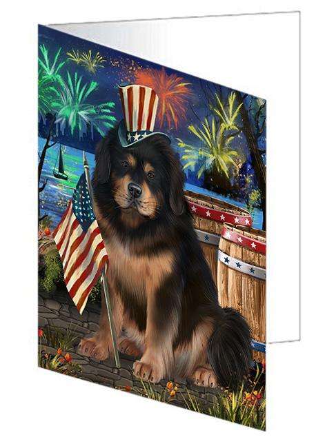 4th of July Independence Day Firework Tibetan Mastiff Dog Handmade Artwork Assorted Pets Greeting Cards and Note Cards with Envelopes for All Occasions and Holiday Seasons GCD66302