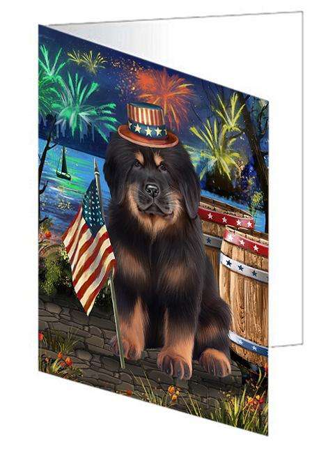4th of July Independence Day Firework Tibetan Mastiff Dog Handmade Artwork Assorted Pets Greeting Cards and Note Cards with Envelopes for All Occasions and Holiday Seasons GCD66305