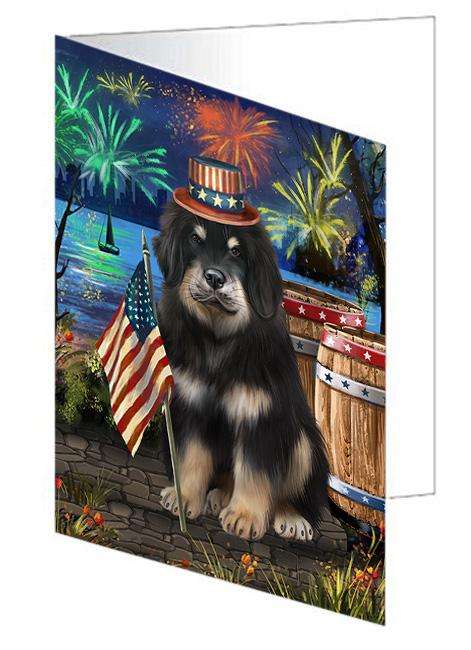 4th of July Independence Day Firework Tibetan Mastiff Dog Handmade Artwork Assorted Pets Greeting Cards and Note Cards with Envelopes for All Occasions and Holiday Seasons GCD66308