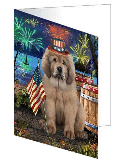 4th of July Independence Day Firework Tibetan Mastiff Dog Handmade Artwork Assorted Pets Greeting Cards and Note Cards with Envelopes for All Occasions and Holiday Seasons GCD66314