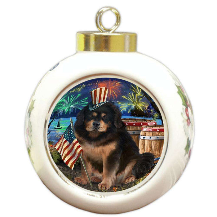 4th of July Independence Day Firework Tibetan Mastiff Dog Round Ball Christmas Ornament RBPOR54091