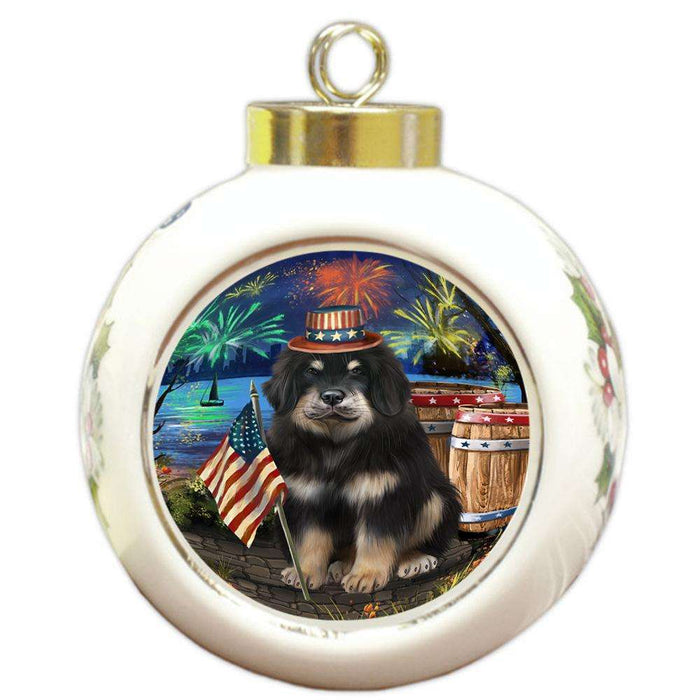 4th of July Independence Day Firework Tibetan Mastiff Dog Round Ball Christmas Ornament RBPOR54093