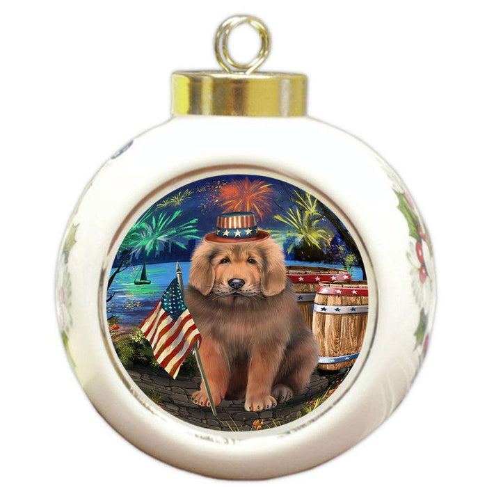 4th of July Independence Day Firework Tibetan Mastiff Dog Round Ball Christmas Ornament RBPOR54094